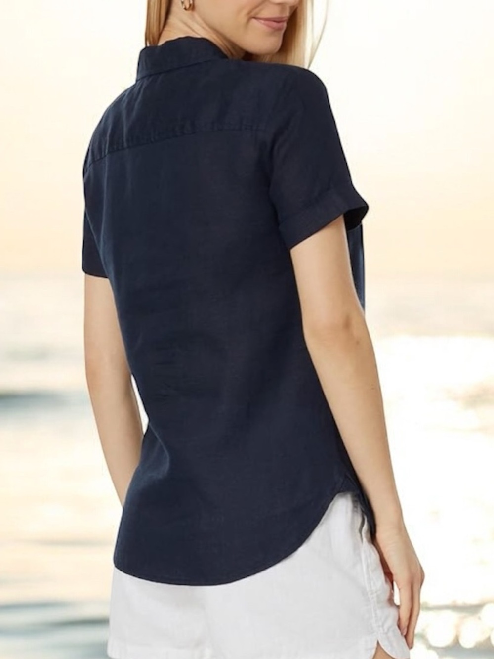 Tommy Hilfiger Navy Blue Short Sleeve Linen blend Button Down Blouse XS - NWT - Picture 2 of 9